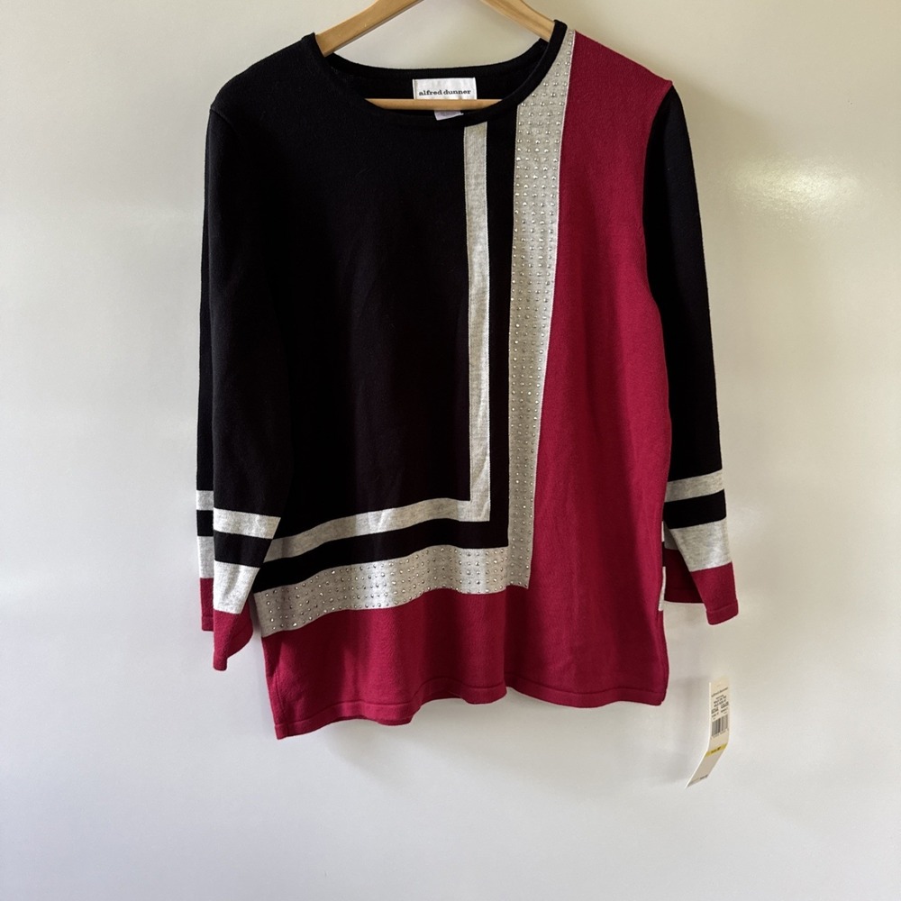 Alfred Dunner MED Colorblock Knit Top Black Red Gray 3/4 Sleeve Sweater NWT